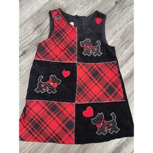 VINTAGE Bonnie Jean Red & Black Hearts Corduroy SCOTTIE DOG DRESS SIZE 2T